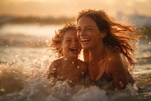 Moment entre une mère et sa fille alors qu'elles s'amusent dans la mer AI générative