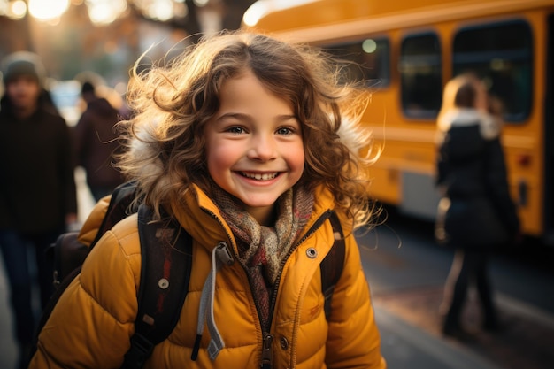 Le moment exact où une jeune fille monte à bord de son bus scolaire pour la première fois. AI générative