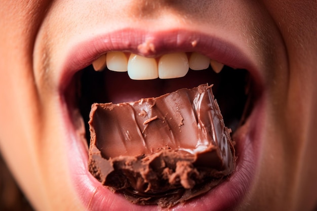 Moment gourmand en bouche explorant la saveur du chocolat reflétant l'amour pur pour le sucré