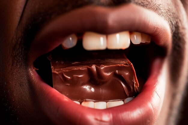Moment gourmand en bouche explorant la saveur du chocolat reflétant l'amour pur pour le sucré