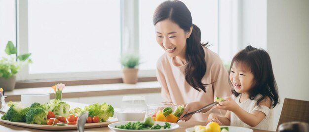 Photo un moment heureux mère et fille asiatiques cuisinant une salade de petit déjeuner dans la cuisine