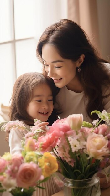 moment heureux mère et fille donnant des fleurs dans le salon à la maison relation d'amour famille