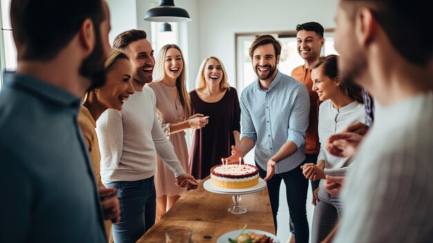 Un moment de joie partagée alors que le groupe se rassemble autour du gâteau leurs visages reflétant le