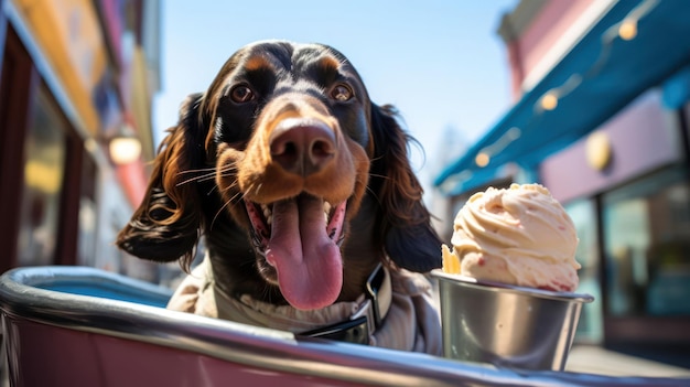 Photo le moment joyeux d'un chien dachshund savourant une cuillère de crème glacée à la vanille par une journée ensoleillée