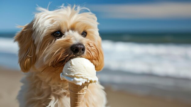 Photo le moment joyeux d'un chien havanais savourant une cuillère de crème glacée à la vanille par une journée ensoleillée.