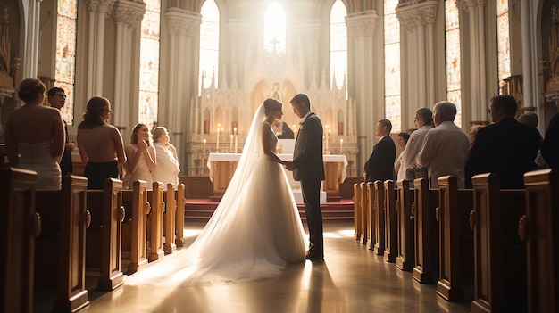Photo un moment romantique où un couple prononce ses vœux de mariage devant l'autel