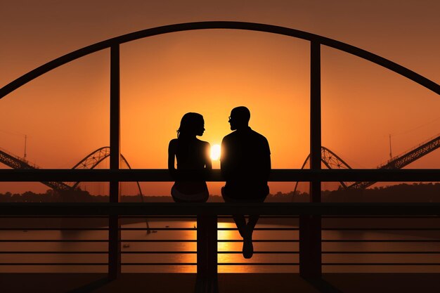 Moment romantique de silhouette d'un couple embrassant la beauté d'un coucher de soleil depuis un pont