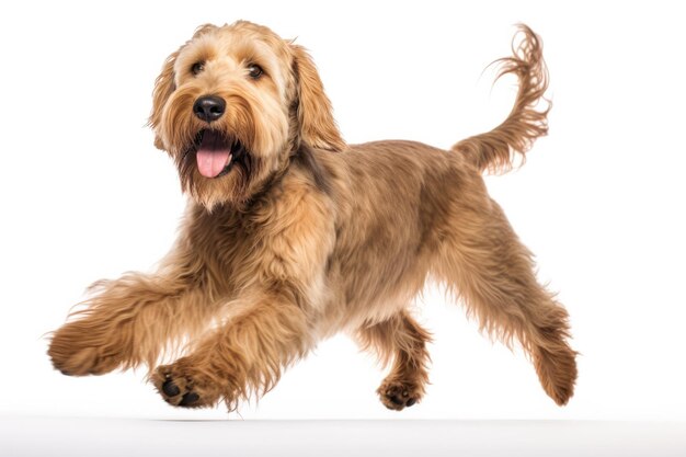 Moment de saut chien Otterhound sur fond blanc