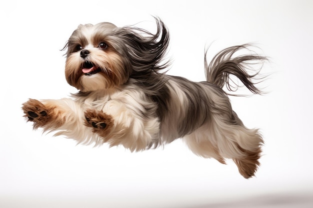 Moment de saut chien Shih Tzu sur fond blanc