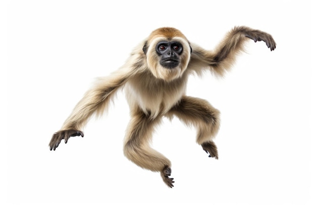 Moment de saut Gibbon à mains blanches sur fond blanc