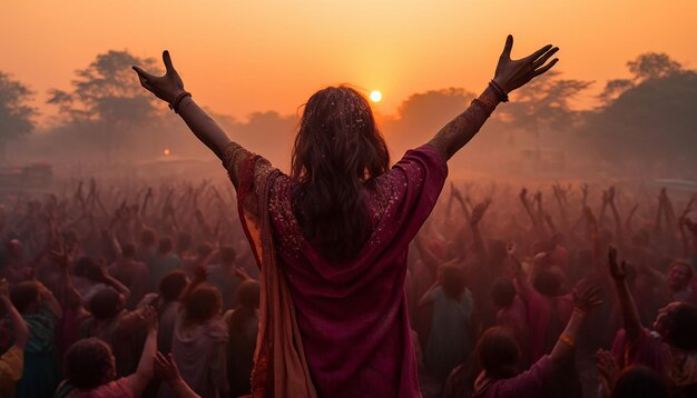le moment serein du lever du soleil pendant Holi avec les gens commençant leurs célébrations