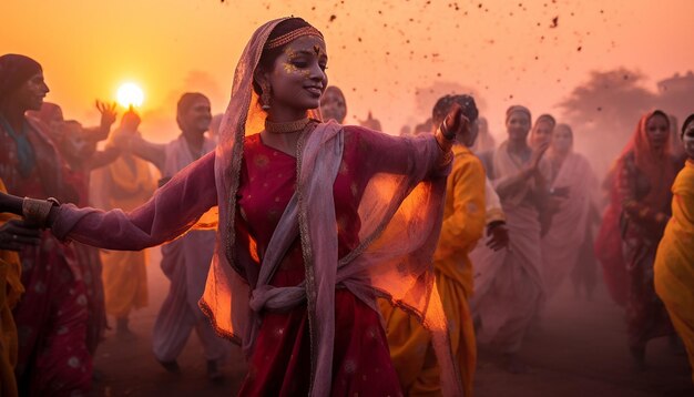 le moment serein du lever du soleil pendant Holi avec les gens commençant leurs célébrations