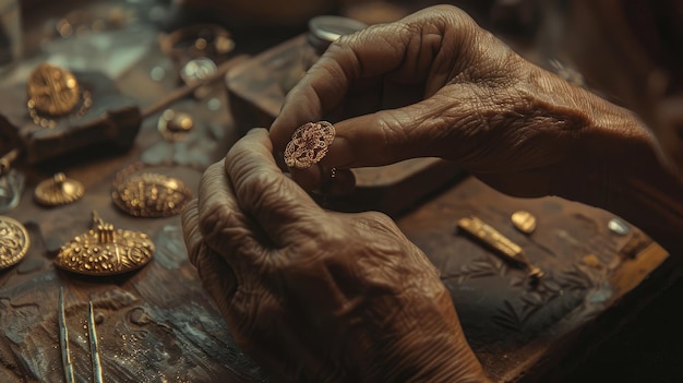 Un moment de sérénité dans un atelier d'orfèvrerie traditionnel où des artisans habiles fabriquent méticuleusement à la main des bijoux en filigranes d'or intricats honorant les techniques et l'artisanat séculaires.