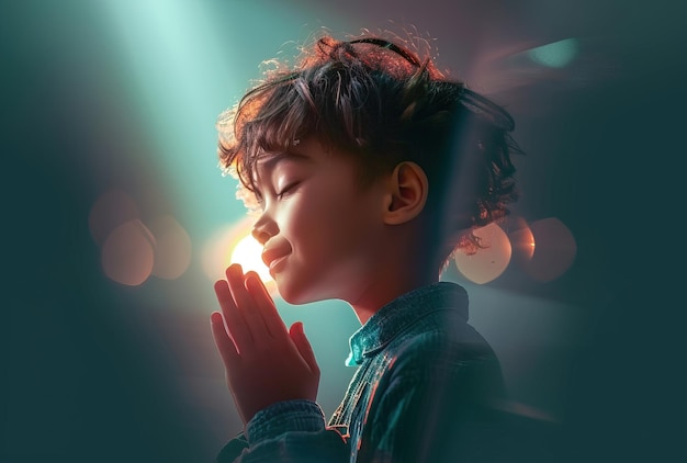 Un moment de sérénité Un jeune garçon s'engage dans la prière Ses mains entrelacées dans une fidèle harmonie