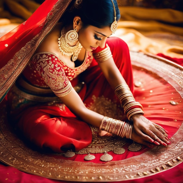 Moment spécial d'une mariée indienne en robe rouge et bijoux en or avec la lune