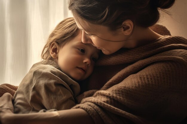 Un moment de tendresse entre un parent et un enfant de capacités différentes illustrant la force