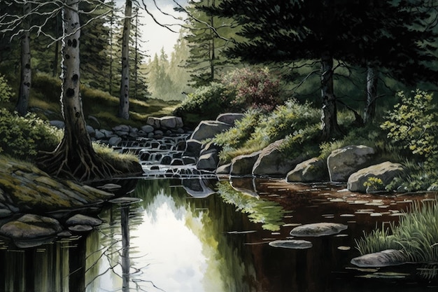 Un moment tranquille au bord d'un ruisseau forestier avec la scène à l'aquarelle se reflétant dans les eaux calmes