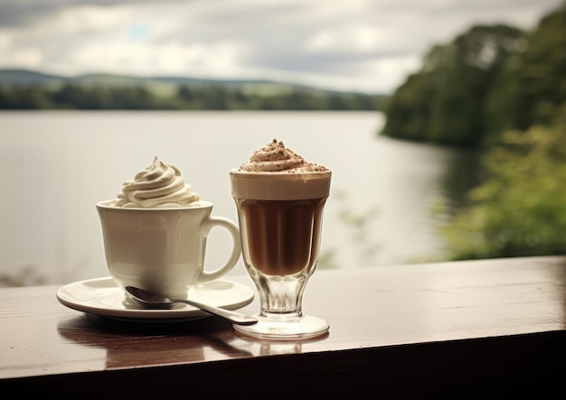 Un moment tranquille avec un Irish Coffee surplombant un lac serein symbolisant la détente