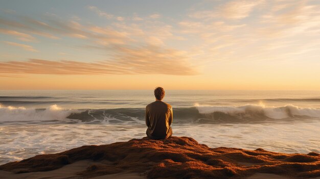 Le moment tranquille d'un surfeur regardant l'horizon dans la lumière dorée