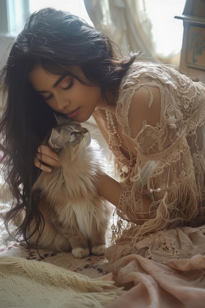 Photo un moment de tranquillité entre une jeune femme élégante et son chat moelleux dans une chambre confortable avec un décor vintage