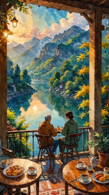 Moments de calme Des couples prennent une pause café sur un balcon surplombant un magnifique lac généré par Ai