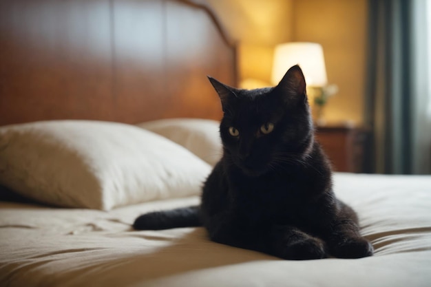 Moments calmes avec un chat solitaire sur un lit reflétant le charme d'une vie solitaire en intérieur AI généré