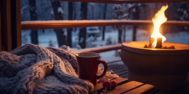 Moments d'hiver confortables Le froid de l'hiver invite des foulards chauds Des mites et du cacao chaud près du feu