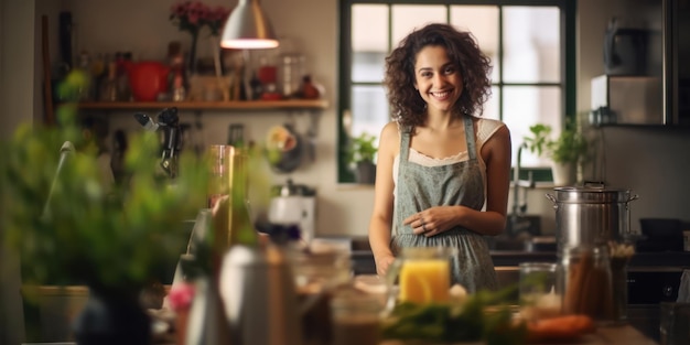 Moments joyeux d'une femme au foyer heureuse à la maison