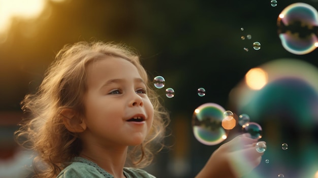 Moments joyeux Une fille radieuse en chemise verte soufflant des bulles dans le ciel avec l'IA générative