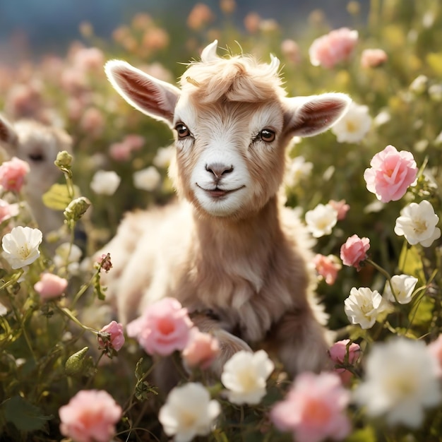 Moments ludiques Des bébés chèvres gambadant dans un champ rempli de fleurs