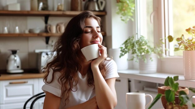 Moments sereins Une femme joyeuse verse ses rêves dans une tasse de café dans sa cuisine confortable