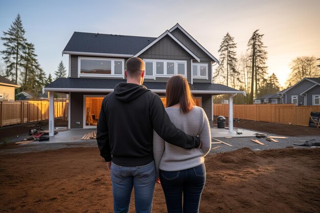 Photo moments sincères couple ravi regardant leur première maison ensemble