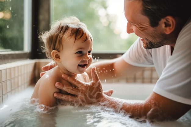 Des moments tendres dans le bain L'amour et les soins du père