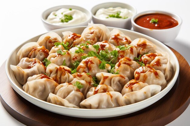 Momos de poulet juteux à la vapeur sur un fond blanc