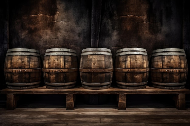 Mon propre travail artistique six vieux fûts dans une cave à vin