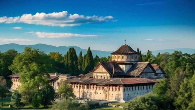 Photo le monastère historique de sinaï entouré d'arbres verts à sinaï, en roumanie