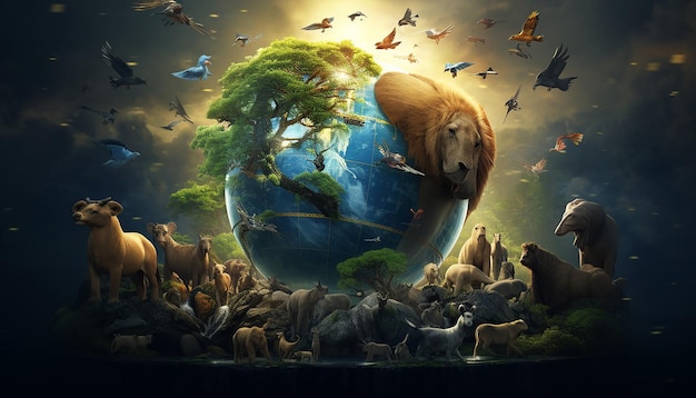 monde animaux sauvages entourant le globe