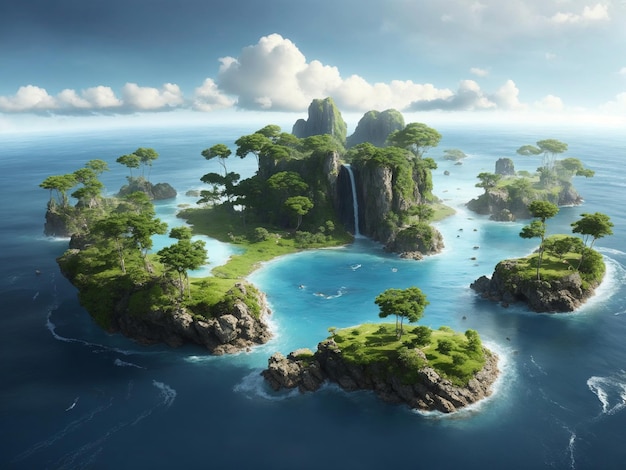 Monde aquatique petites îles îles saines arbres future cascade de nombreuses îles