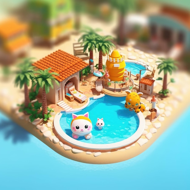 Monde d'argile super mignon miniature Vue isométrique de la piscine de la villa d'été