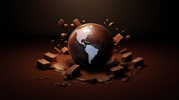 Un monde de chocolat est versé dans une flaque de chocolat fondu.