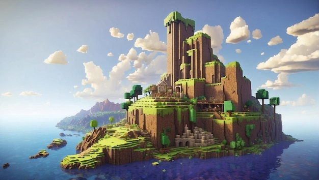 Le monde coloré inspiré de Minecraft, la texture de Minecraft, le monde du cube, l'illustration du paysage, le fond.