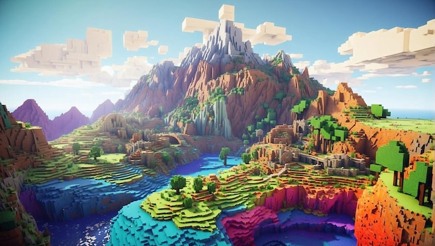 Le monde coloré inspiré de Minecraft, la texture de Minecraft, le monde du cube, l'illustration du paysage, le fond.