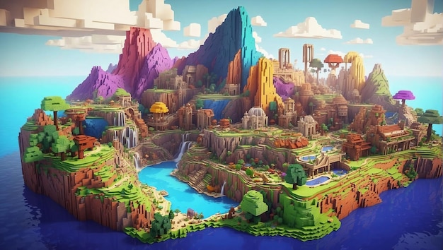 Le monde coloré inspiré de Minecraft, la texture de Minecraft, le monde du cube, l'illustration du paysage, le fond.