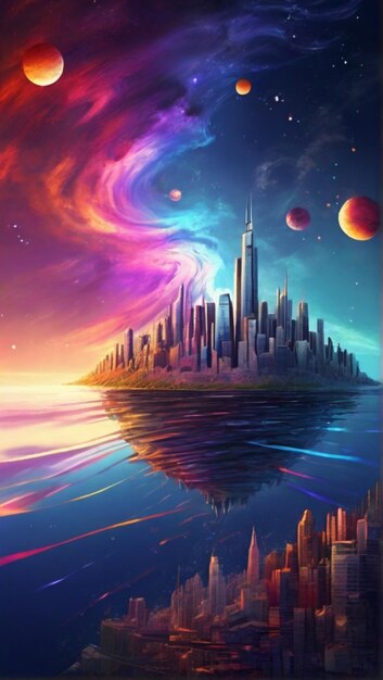un monde coloré avec une ville au milieu