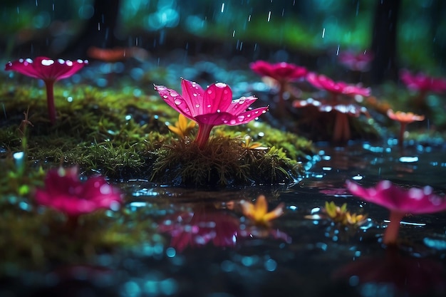 Le monde fantastique des champignons Champignons lumineux dans la forêt nocturne trempée par la pluie