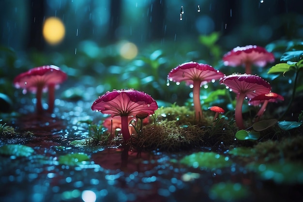 Le monde fantastique des champignons Champignons lumineux dans la forêt nocturne trempée par la pluie