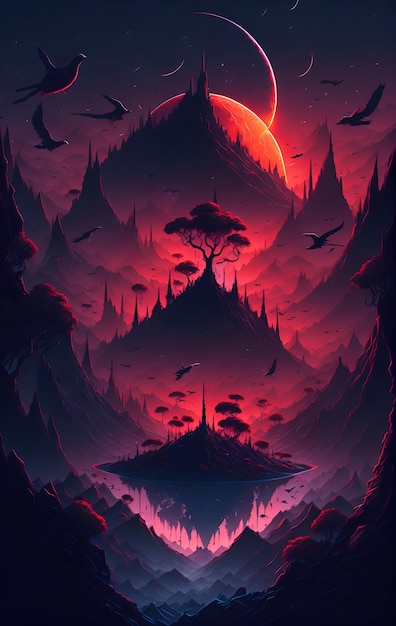 Monde fantastique coucher de soleil dégradé rouge île flottante vue sur l'espace comètes oiseaux de la jungle Illustration