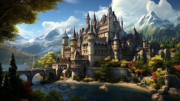 monde fantastique d'enchantement dans une forêt mystique avec un ancien château