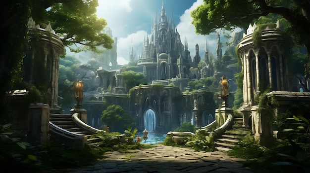 monde fantastique d'enchantement dans une forêt mystique avec un ancien château