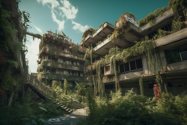 Photo un monde futur post-apocalyptique sans gens une ville abandonnée vide perdue avec des plantes luxuriantes croît conception futuriste de la nature puissance ia générative